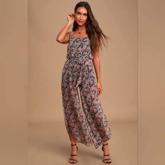 Lulus Flow With Me Black Floral Print Wide-Leg Jumpsuit Size Medium - Picture 2 of 9